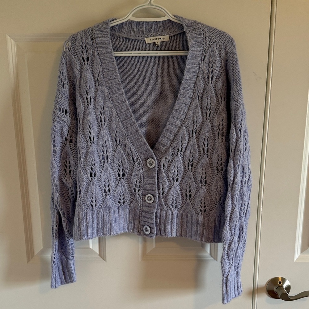 hooked up Lavender Cropped Knit Cardigan | Soft Button Front Lightweight Large